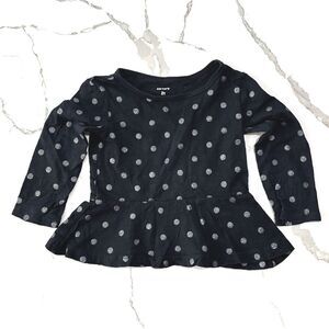 Carter’s | Toddler Girls Black Long Sleeve Peplum Silver Polka Dot Shirt Top 2T